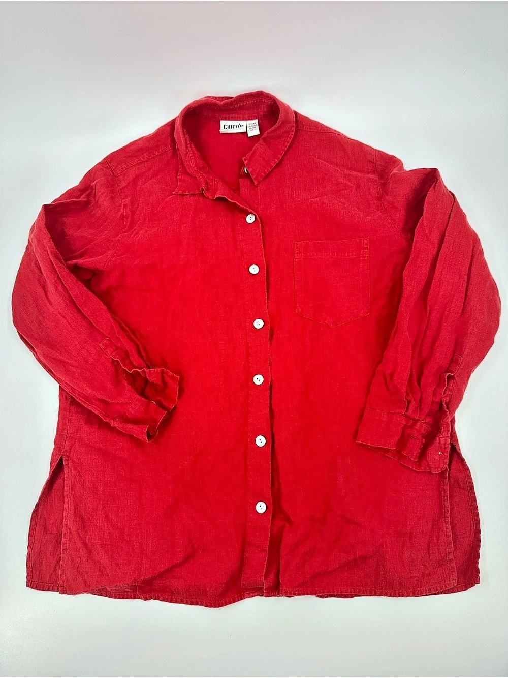 Chico’s Design Red Button Down Blouse 100% Linen